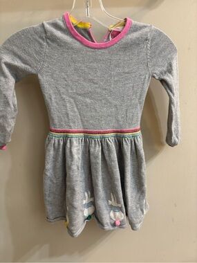 Kids Long-Sleeve Grey Dress with Pink Trim and Bunnies and Rainbow Waistband